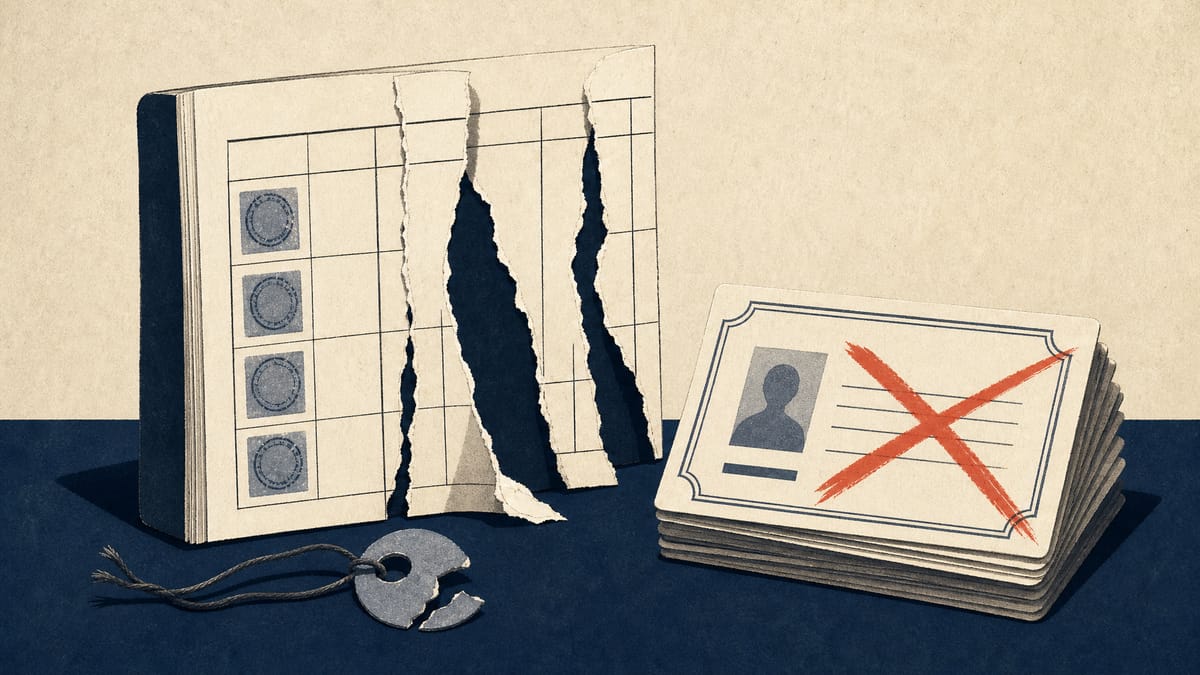 Stylised inspection logs with missing pages beside struck-through training-plan certificate cards, suggesting audits that were not carried out.