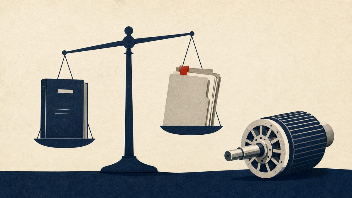 A balance scale weighing a ledger against legal claim files, next to a small motor rotor, illustrating a company's damages claims against former officers.