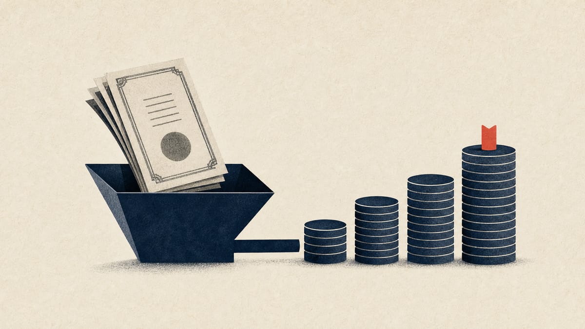 Illustration of share certificates being drawn into a tray beside rising stacks of coins, representing a dividend increase and share buyback.