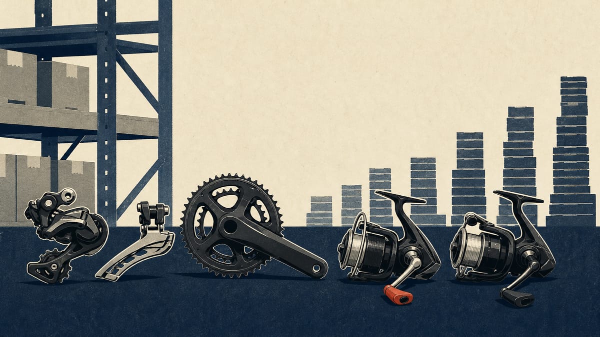 Bicycle derailleurs and fishing reels laid out on a workshop bench in front of warehouse racks of boxed parts.