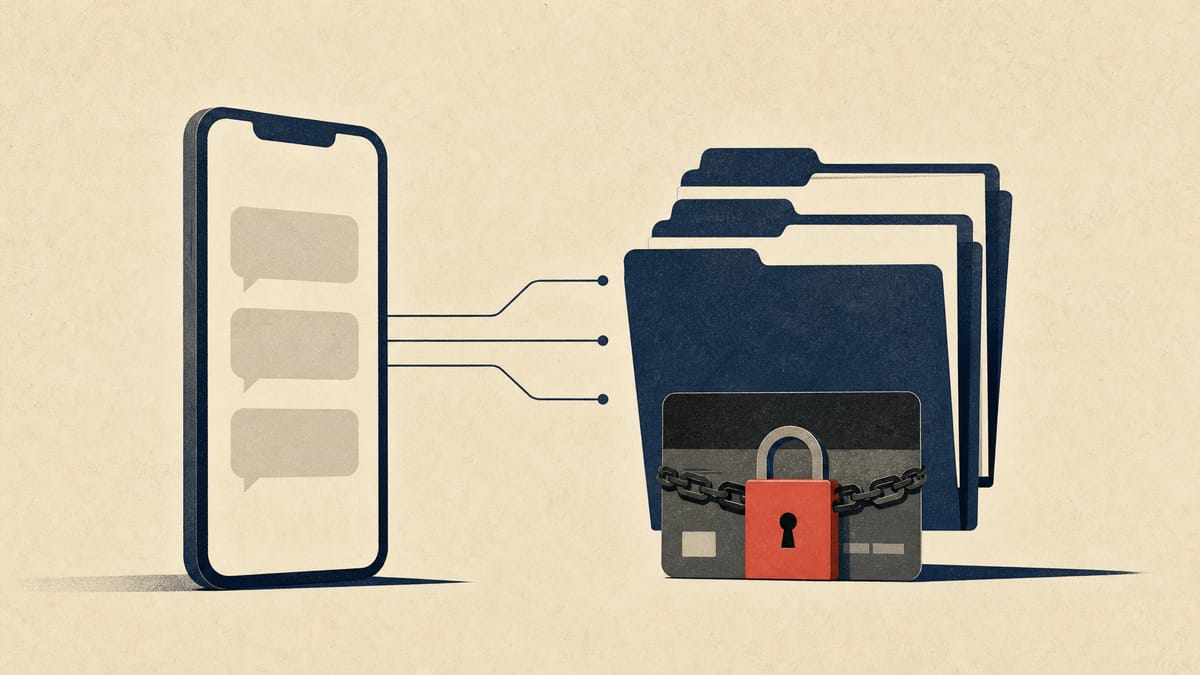 A smartphone with blank message bubbles linked to stacked loan contracts and a padlock closing over a bank card, illustrating illegal lending and account freezes.