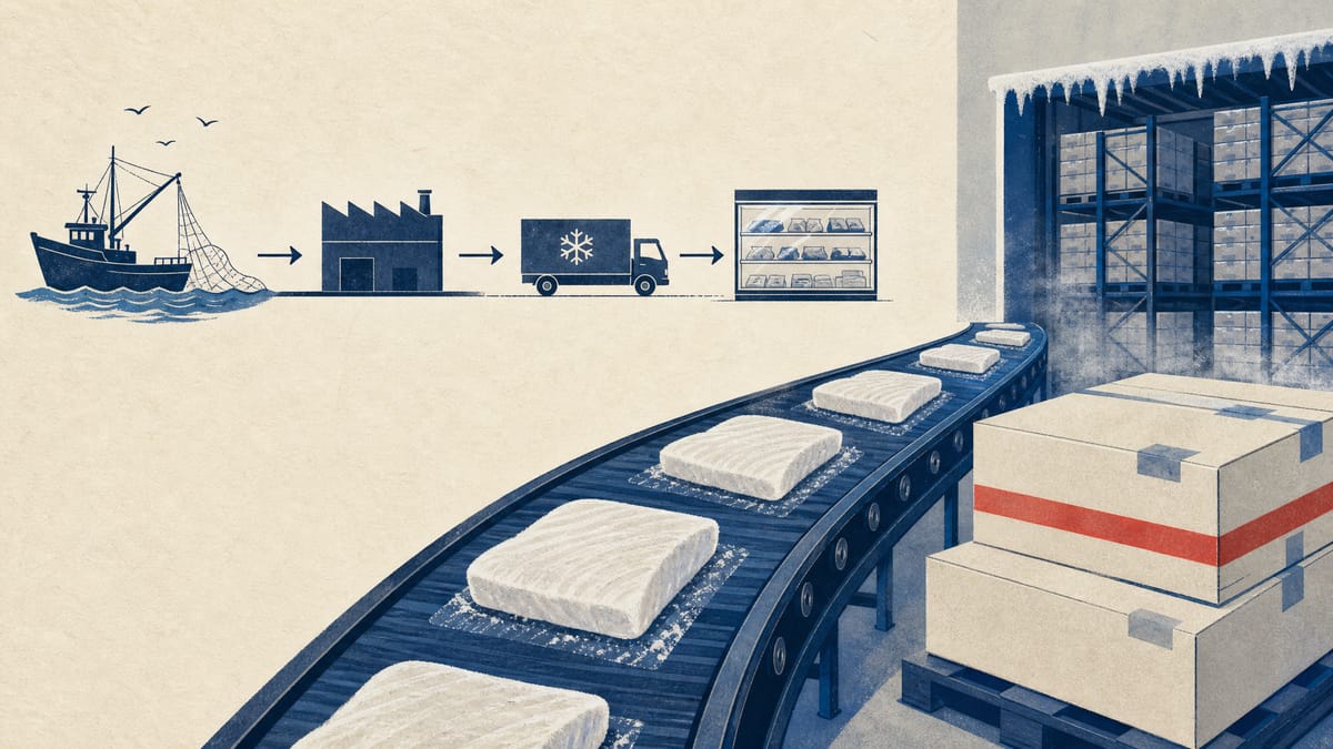 Frozen fish fillets on a packing line next to stacked cartons and cold-storage pallets, suggesting a seafood supply chain from vessel to freezer shelf.