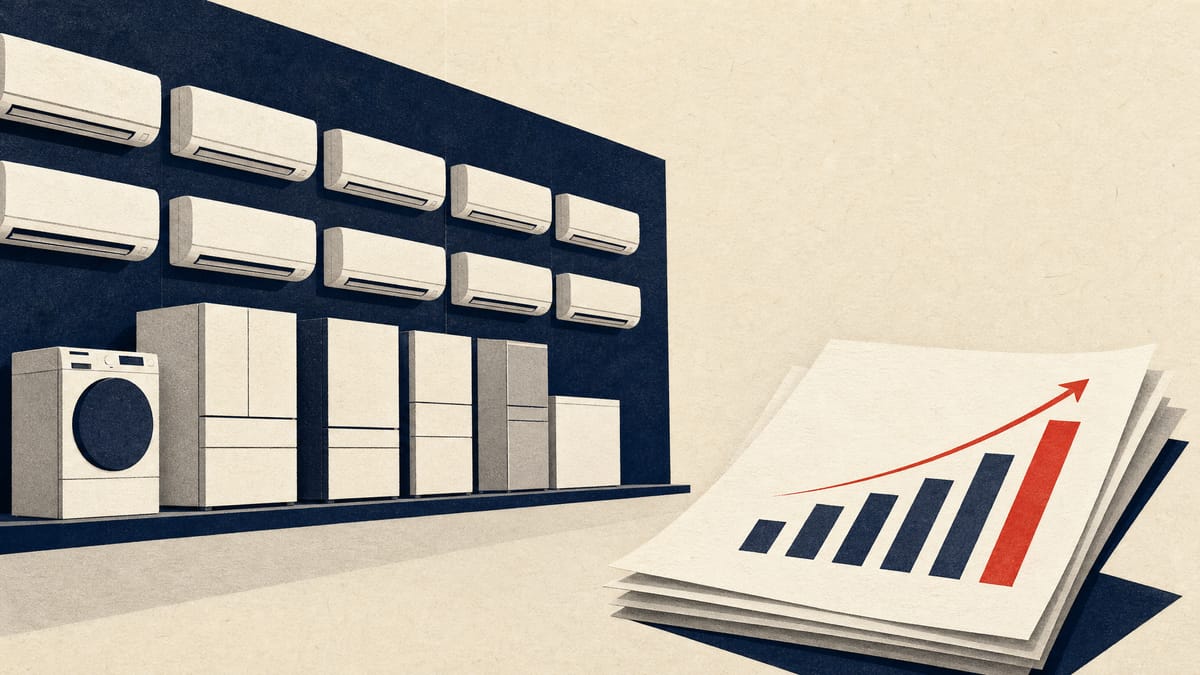 Illustration of an electronics store floor lined with air conditioners and large appliances, with a ledger chart of rising bars in the foreground.