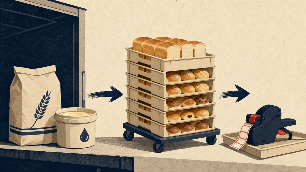 Bakery delivery trays of bread and buns beside flour sacks and tubs of fat on a loading dock.
