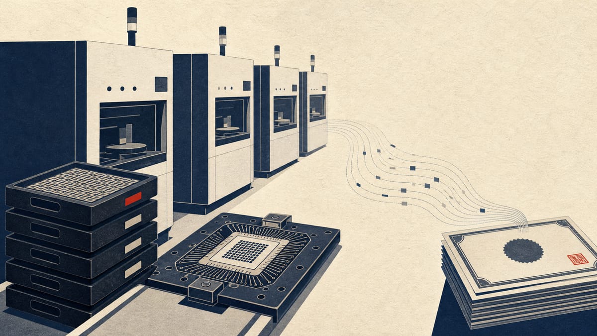 Semiconductor tester cabinets and chip trays on a factory floor, with abstract ledger lines flowing toward a stack of share certificates.