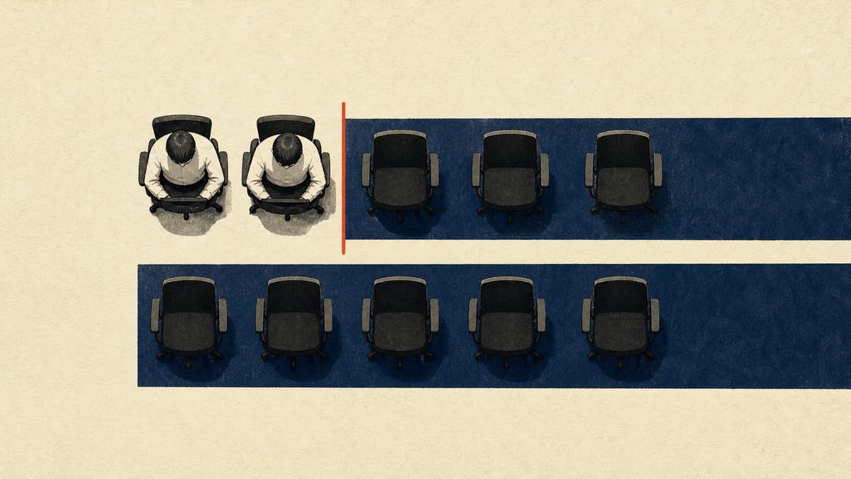 Abstract overhead view of two rows of office chairs, a few occupied and many empty, illustrating an audit team still short of its staffing target.
