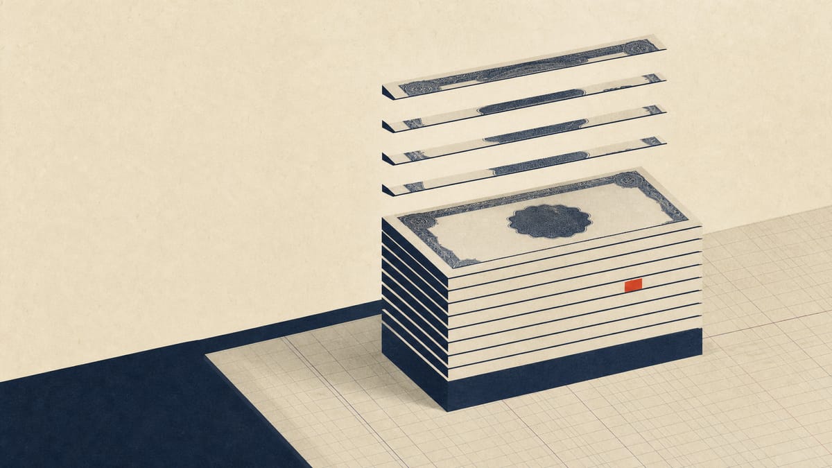 Abstract illustration of a block built from many thin slices on a ledger grid, representing a shareholding assembled through daily purchases