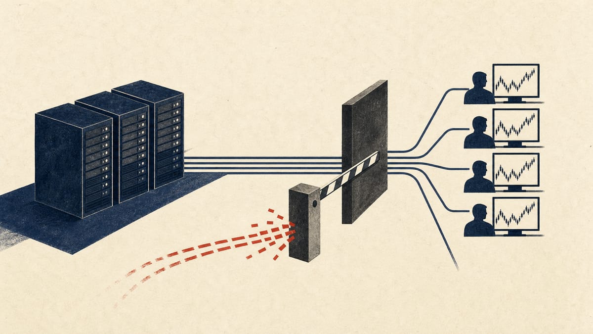 Illustration of server racks sending order streams toward broker terminals, with a gate blocking one inbound stream of orders.