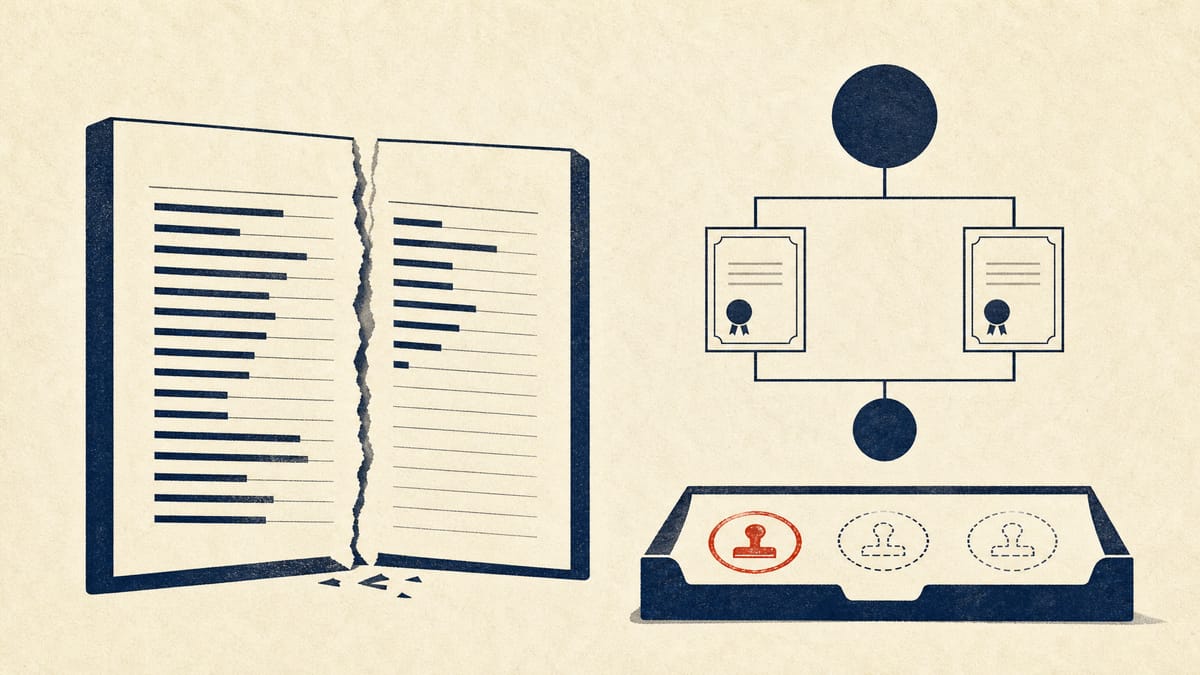 Illustration of a two-column profit ledger next to an ownership diagram of two patents and an incomplete chain of approval stamps.