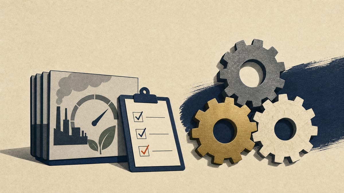 Three interlocking gears beside emissions meter readouts and a ticked checklist, illustrating assurance standards being aligned with international rules.