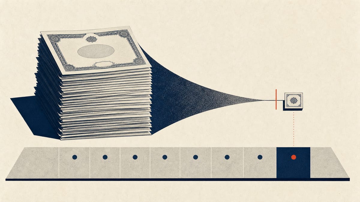 Illustration of a large stack of share certificates funnelling down into one small token above a strip of December dates.