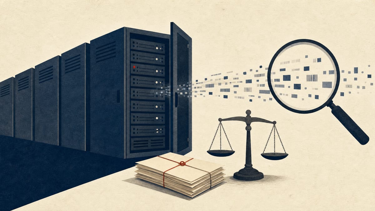 Illustration of server racks with one open cabinet, payment envelopes and a magnifying lens over streams of data, evoking a data breach with compensation and a bounty.