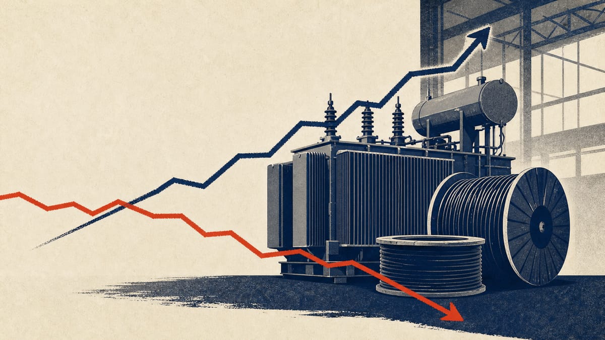 A power transformer and cable drums in a factory bay, with two diverging line traces, one rising and one falling.
