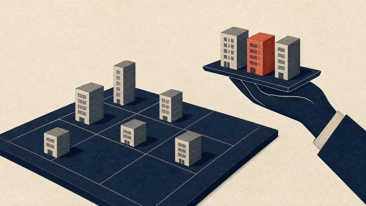 Small building models arranged in a grid, with several lifted out on a tray while the rest stay in place, illustrating property sales from a rental portfolio.