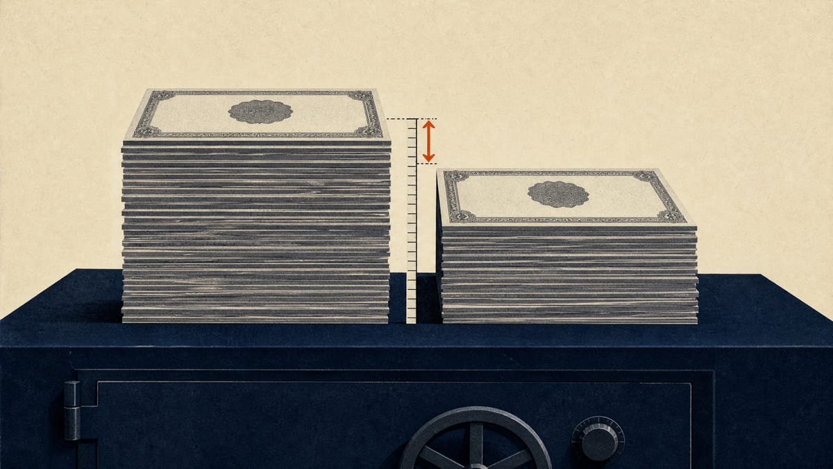 Two stacks of bond certificates of different heights beside a measuring rule, illustrating the gap between book value and market value of a bank's bond holdings.
