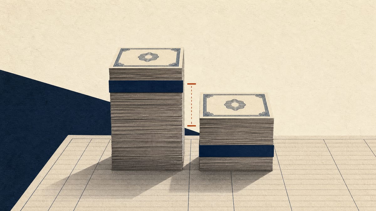 Two stacks of bond certificates of different heights, illustrating the gap between book value and market value.