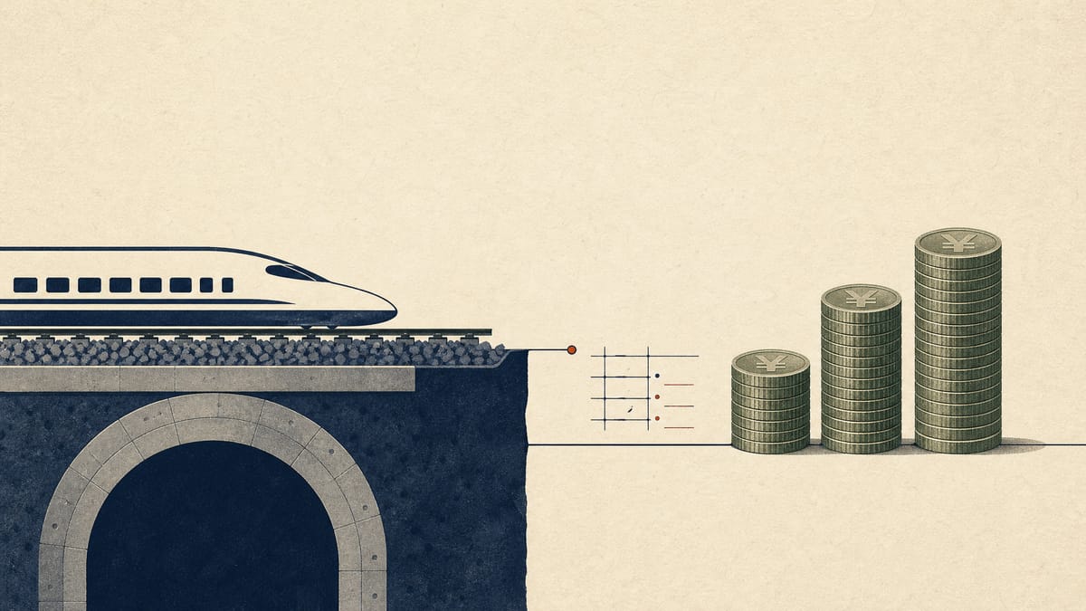 Illustration of a rail trackbed and tunnel lining segment beside rising stacks of yen coins, representing dividends alongside rail infrastructure spending.