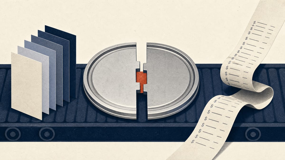 Two halves of a paint-tin lid being joined on a factory conveyor beside colour-sample panels, illustrating a company taking full ownership of an affiliate.