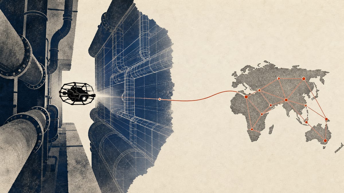 A small drone inspects a narrow industrial passage while a wireframe digital model of the space and linked network nodes appear alongside it.