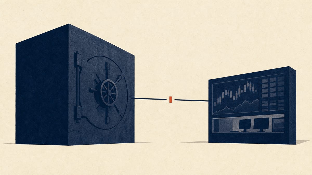 Abstract illustration of a large bank block and a smaller brokerage block joined by an unfinished bridge, suggesting alliance talks without a deal.