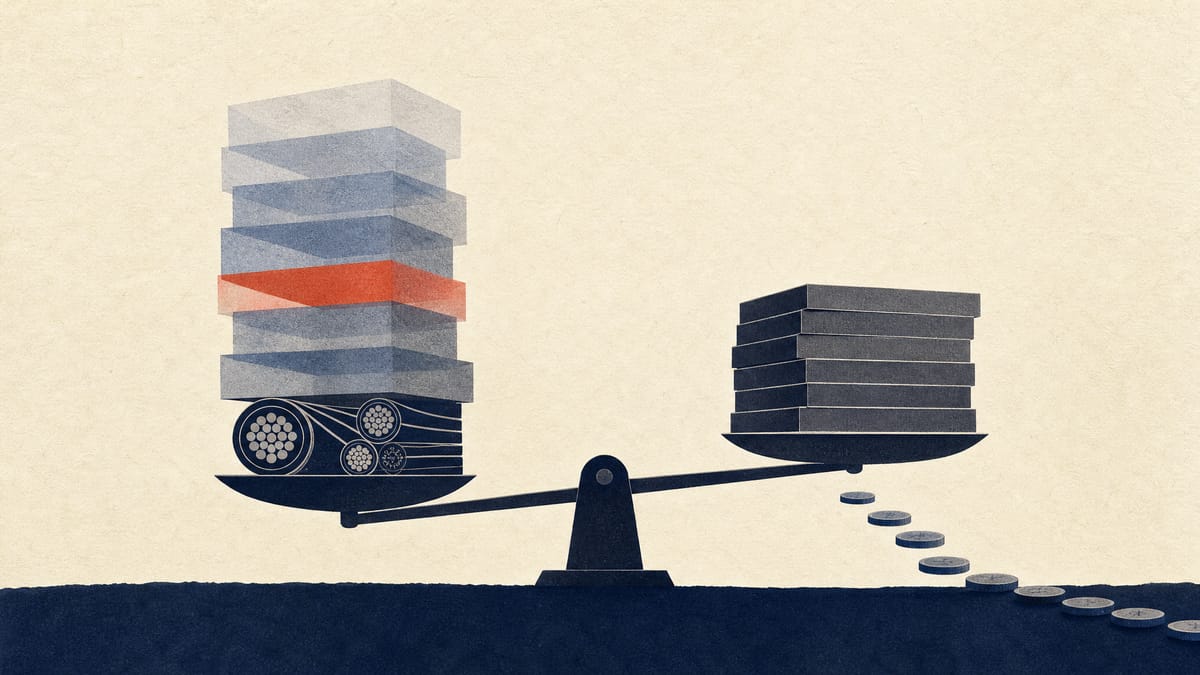 Abstract illustration of a balance scale with a tall stack of goodwill blocks resting on network cable cross-sections, offset by debt slabs and a draining line of cash tokens.