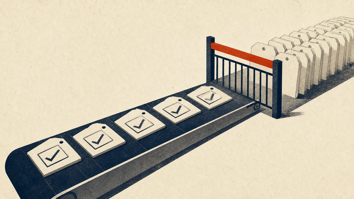 Stylised conveyor of verification tags passing through a checkpoint gate, with a queue of unprocessed tags waiting behind it.