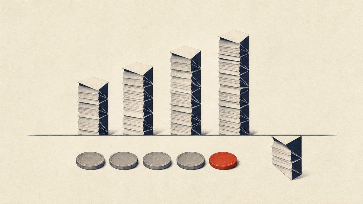 Four columns of stacked paper of differing heights beside a shorter column, with a row of coins along the base.