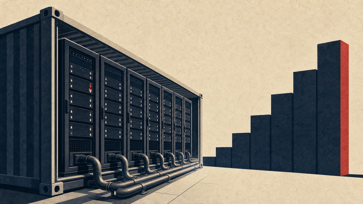 Illustration of GPU server racks in a container data center with cooling pipes and a stepped bar shape suggesting a raised profit forecast.