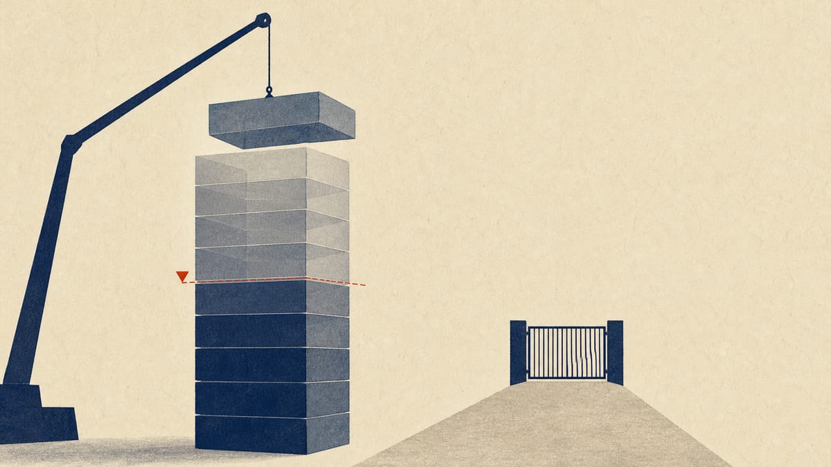 Abstract diagram of stacked ownership blocks filled above a halfway line, with one block lifted away and a closed gate at the end of a path.