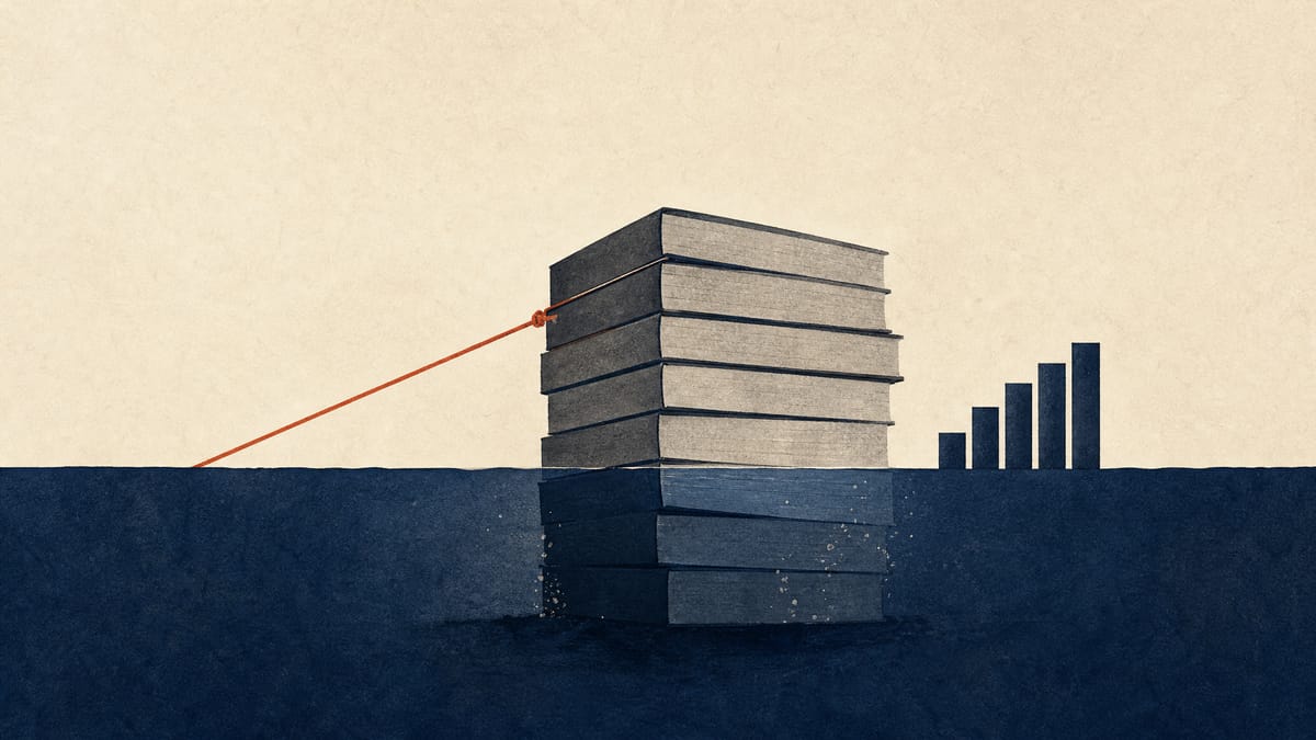 Abstract illustration of a stack of bond ledger blocks partly submerged below a waterline, held up by a taut line, beside a small rising bar representing interest income.