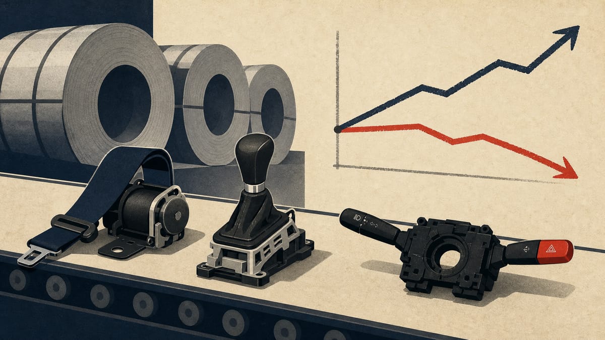 Automotive switch, shift-lever and seat-belt components on a factory conveyor beside steel coil, with an abstract chart of one line rising and another falling.