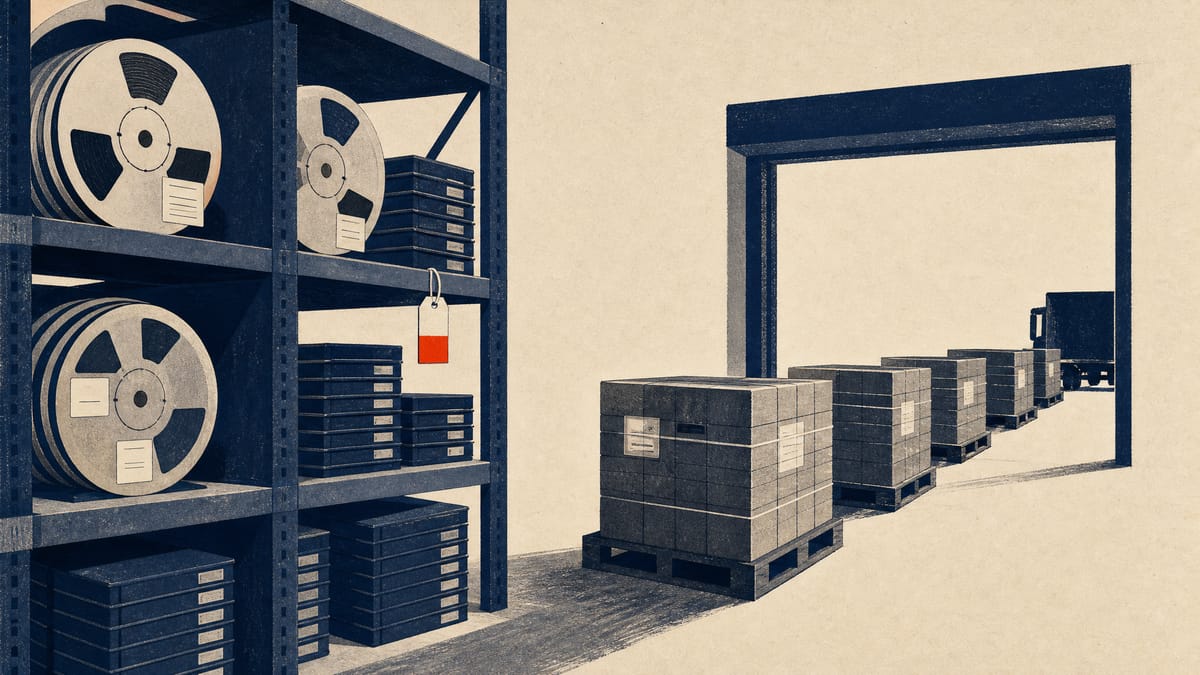 Racks of semiconductor component reels and trays in a warehouse, with pallets queued at a loading bay.