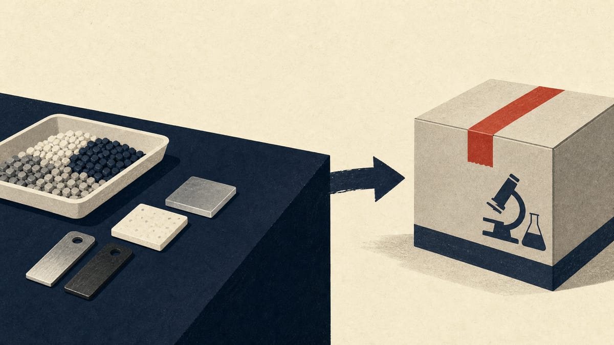 外部の試験研究機関へ発送する荷物の横に置かれた、作業台の上の材料サンプルと試験片