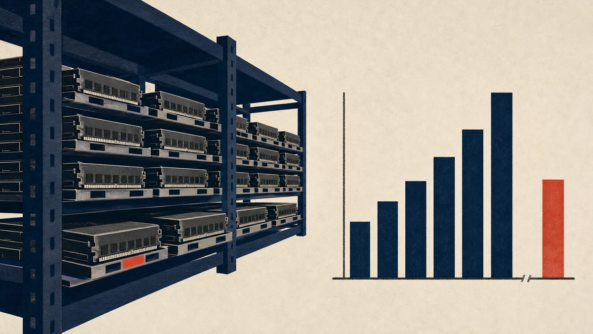 Stacked trays of memory modules on warehouse shelves beside two rising bars representing inventory and borrowing
