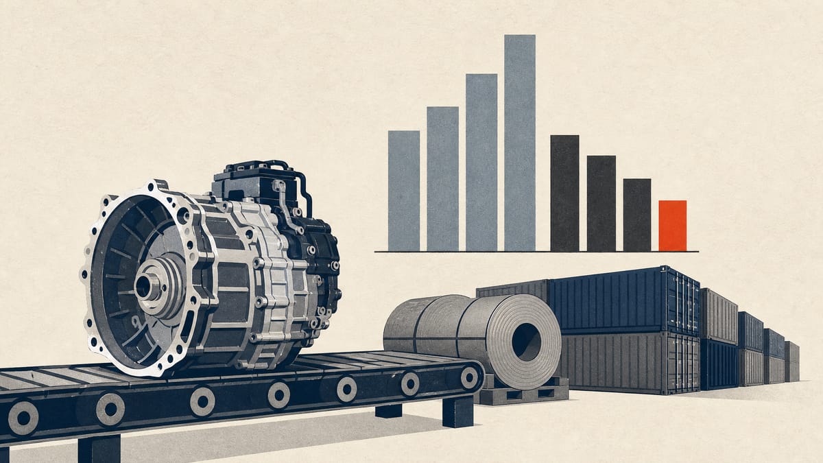 A transmission housing on a factory conveyor beside steel coils and shipping containers, with an abstract bar chart showing taller revenue columns than profit columns.