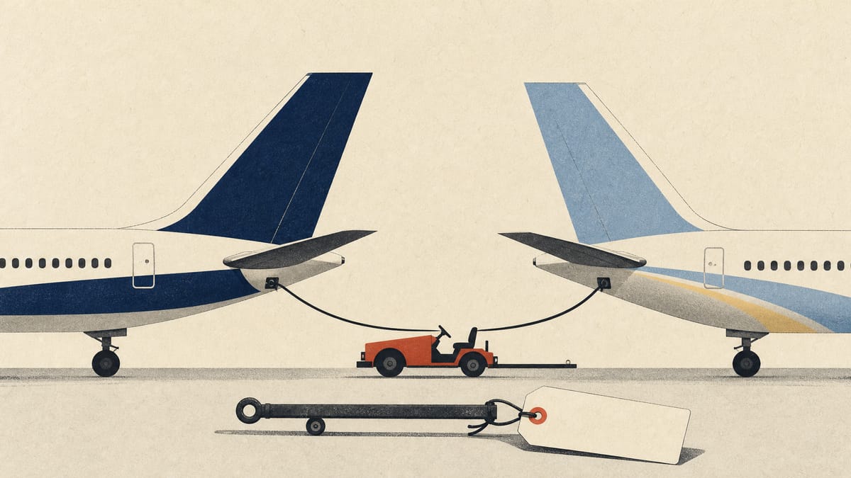 Two regional passenger aircraft tails on an airport apron joined by a ground cable, with a blank price tag on a tow bar in the foreground.