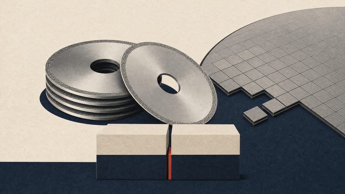 Circular diamond dicing blades beside a silicon wafer cut into chips, with two equal blocks representing equal partner investments.
