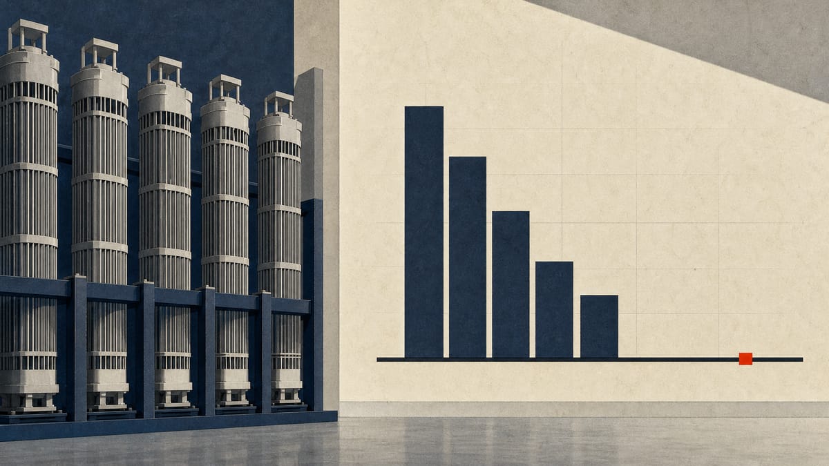 Illustration of nuclear fuel assemblies in a storage rack beside a bar chart whose columns fall to a zero line, representing a nuclear asset write-off.