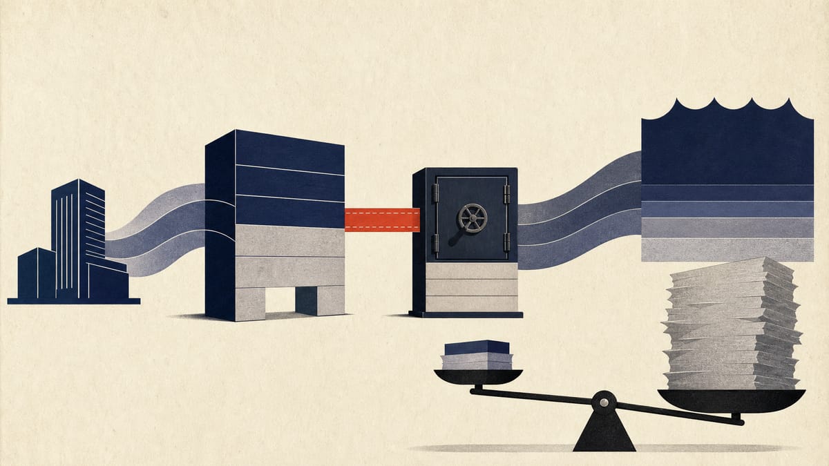 Illustration of layered insurance blocks feeding a small captive vault, with a balance scale weighing capital against potential claims.