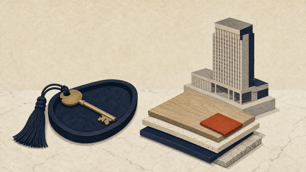 Hotel room keys, renovation material samples and a small tower model on a stone surface, evoking the costs of opening and reopening hotel space.