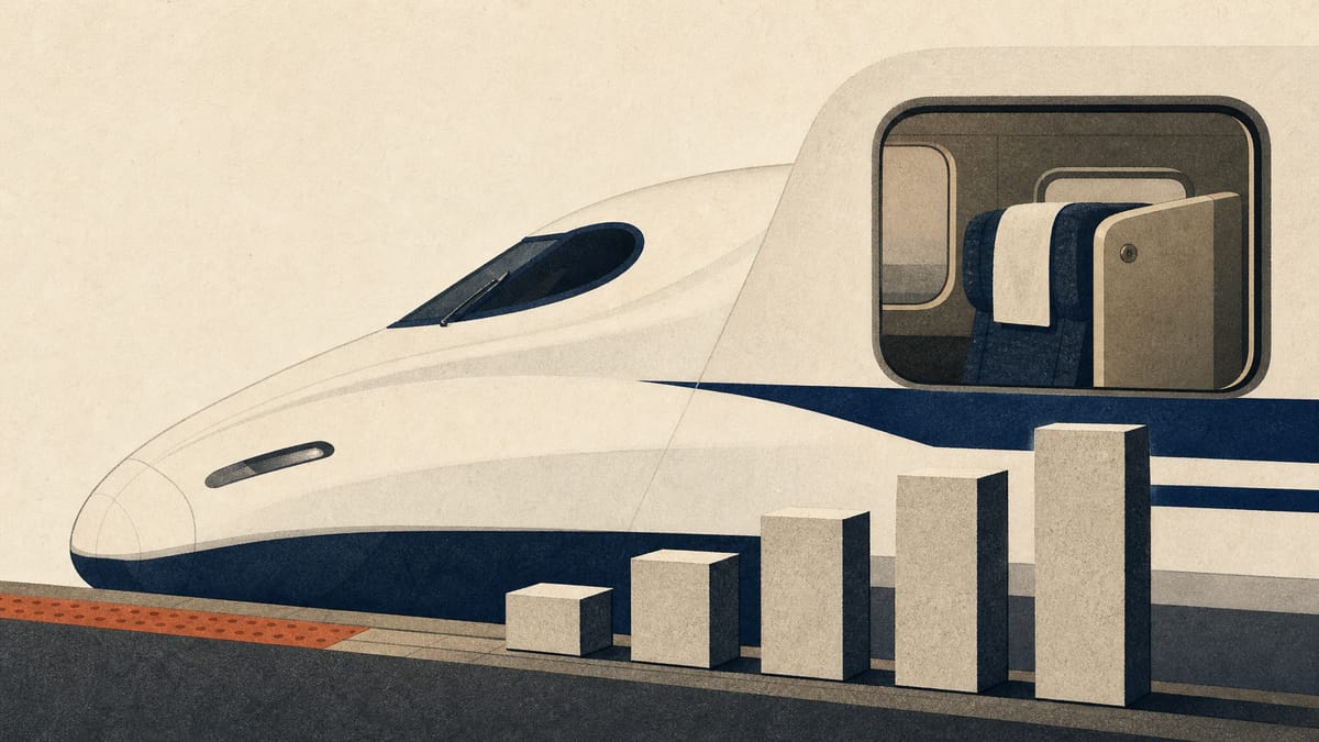A bullet train at a platform beside a premium car interior with a semi-private seat, and stacked blocks rising in steps to suggest higher charges.