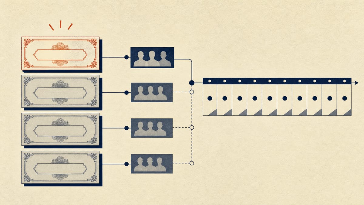 Illustration of four tiered share price levels, each connected to blocks representing shareholders, beside a strip of calendar days marking an extended offer period.