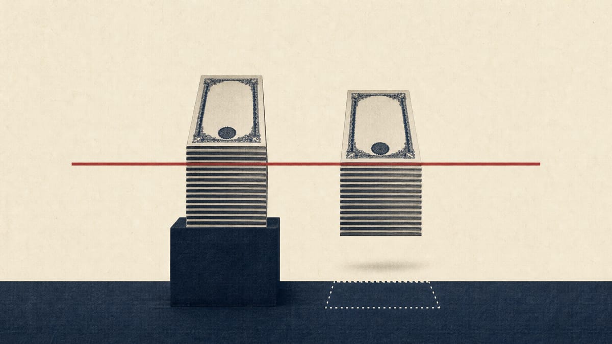 Abstract illustration of two stacks of share certificates of different heights, one resting on a base and one above a dotted line, with a threshold bar across both.