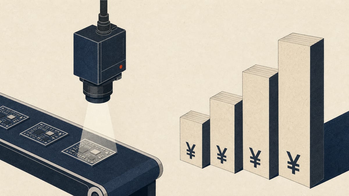 A vision sensor above a conveyor carrying circuit boards, with rising bars beside the line suggesting profit growth.