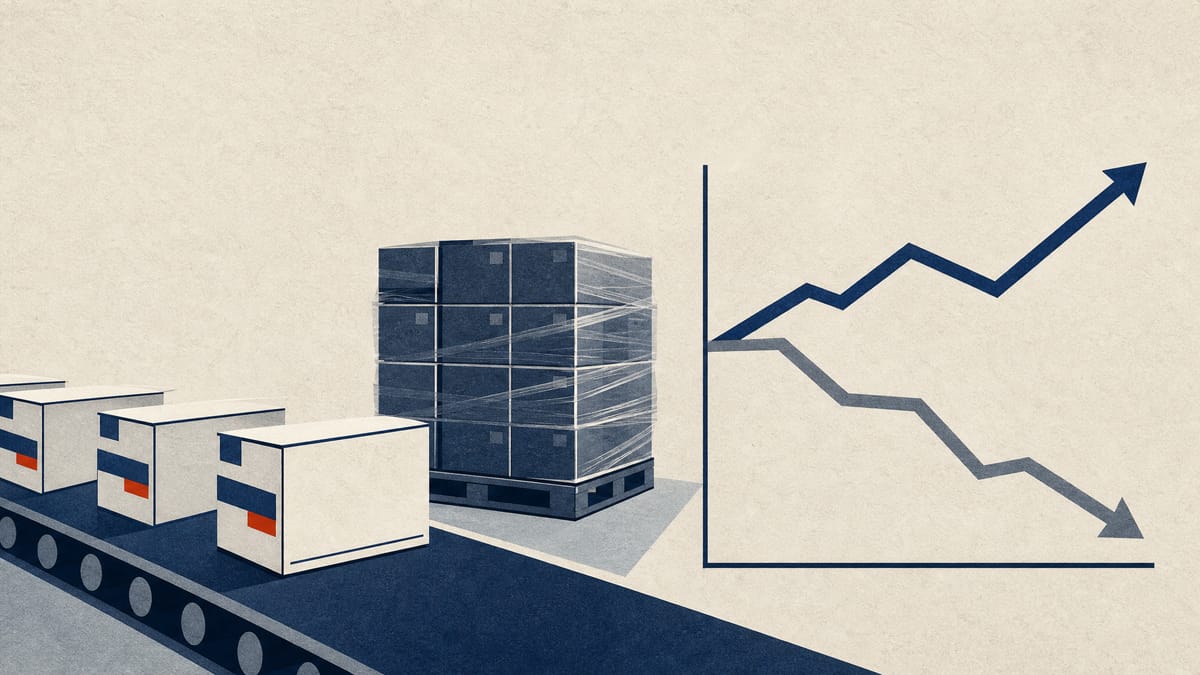Medicine cartons and a set-aside pallet beside a two-line chart, one line rising and one falling