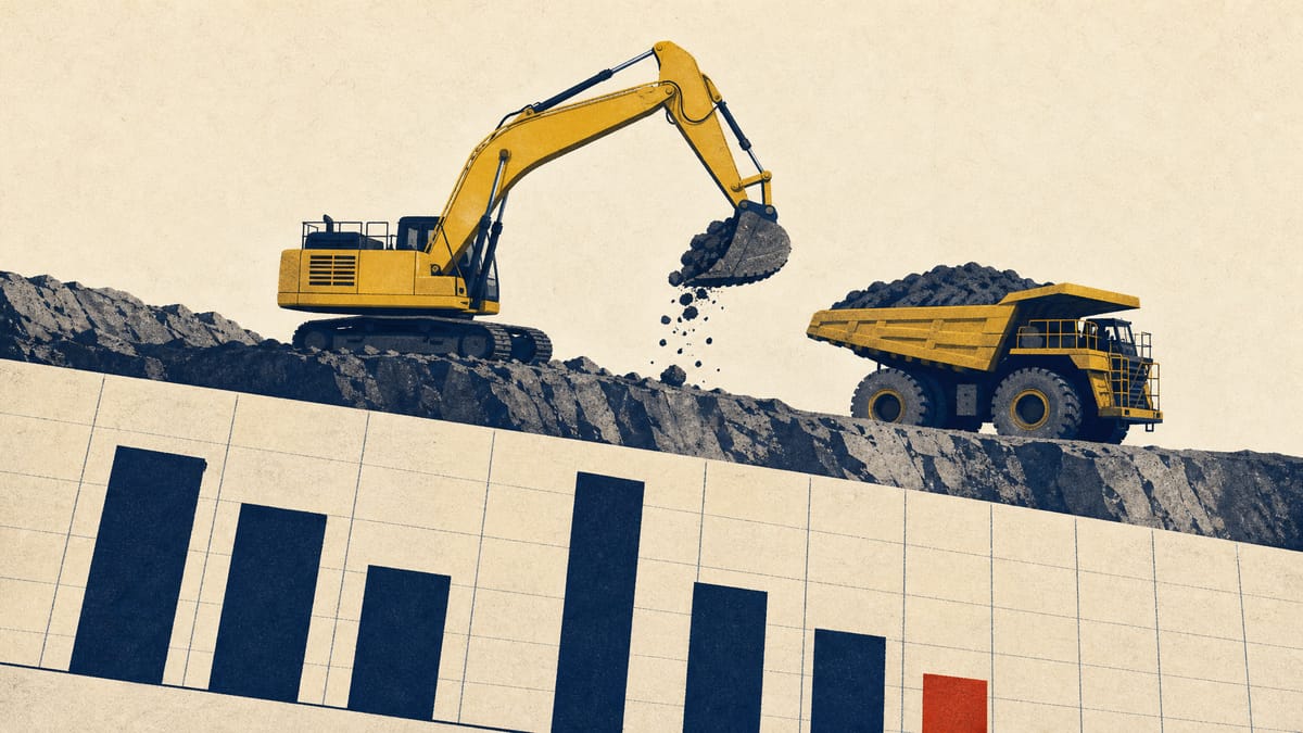 A yellow excavator and mining dump truck in a quarry beside abstract bar columns of differing heights representing regional sales.