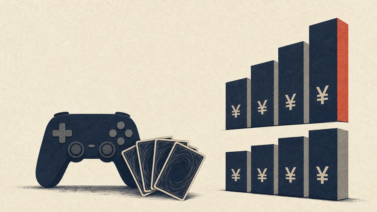 A game controller and blank trading cards beside two stacked bar blocks, the higher one representing a raised profit forecast.