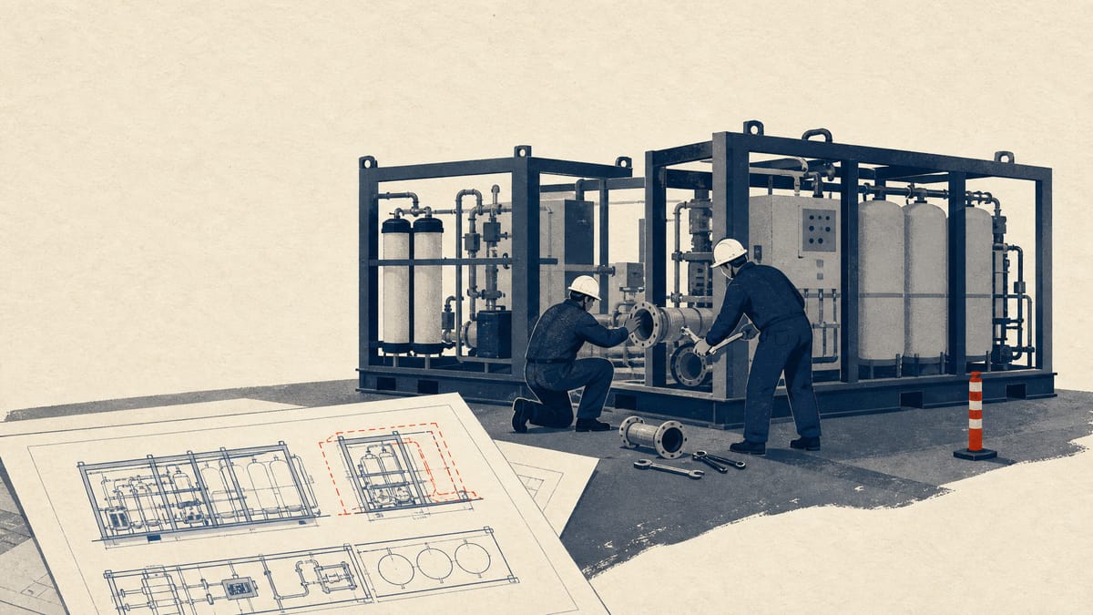 Workers in safety gear refit a partly dismantled water-treatment module on an industrial assembly floor, with revised engineering drawings nearby.