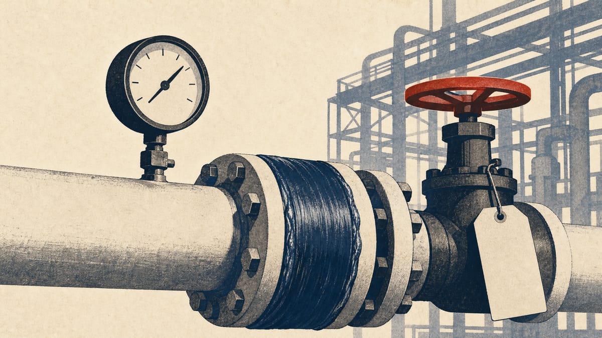 A pipe flange in a gas plant with a resin sealing band around the joint, a pressure gauge and a blank inspection tag.