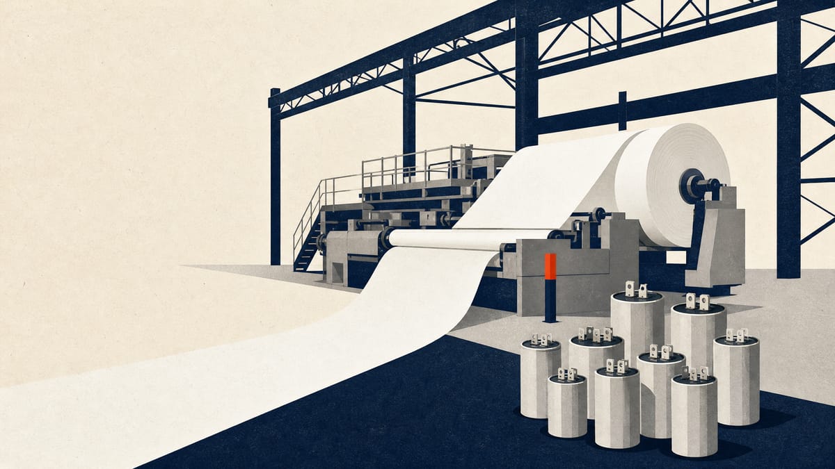 Illustration of a separator paper-making line under construction with rolls of thin paper and aluminium capacitor cans in the foreground.